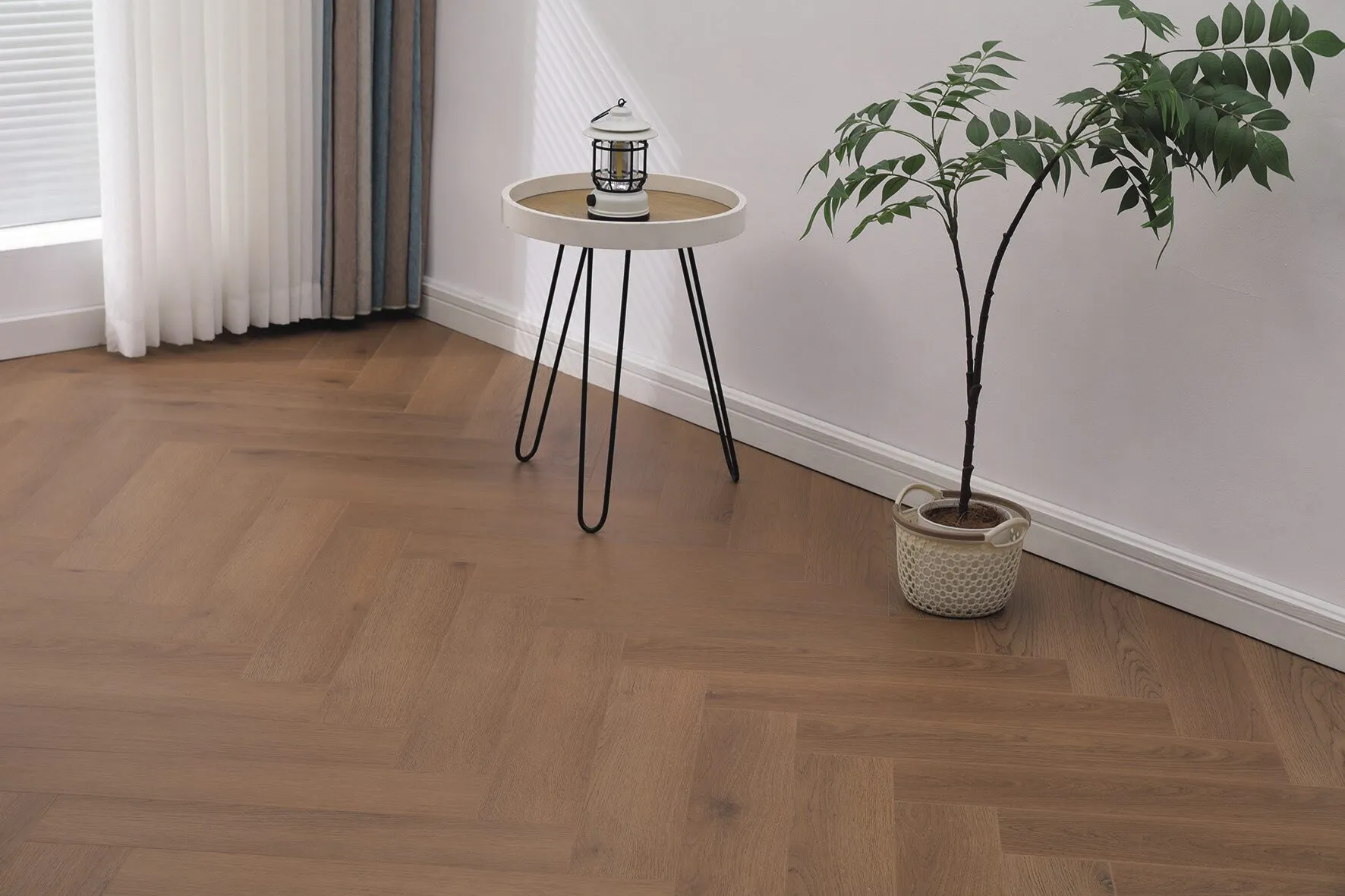 Herringbone engineered wood flooring in a living room