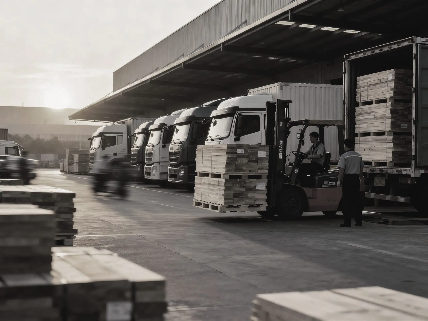Pallets of flooring being loaded onto trucks
