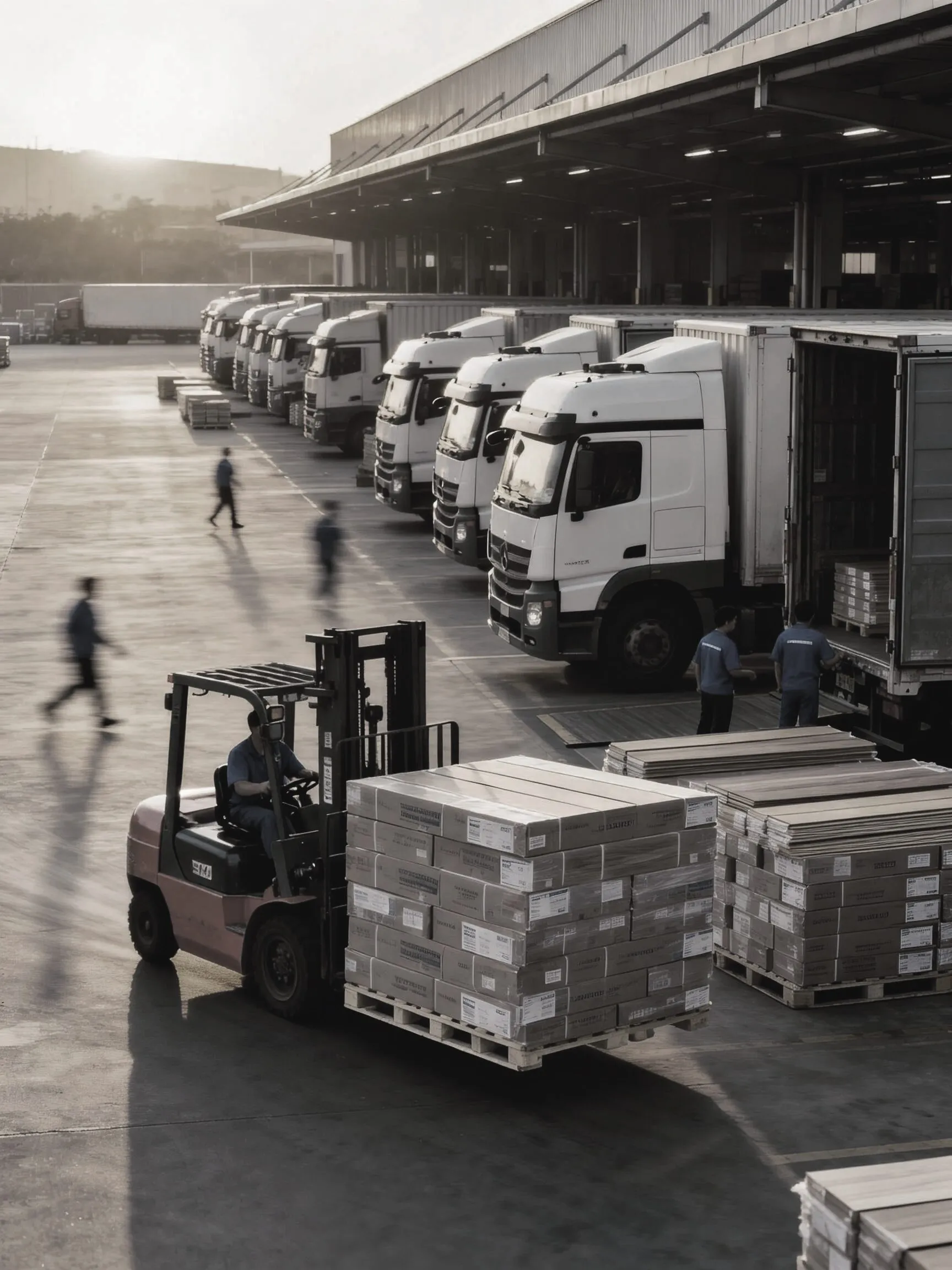 Trucks and forklifts at the loading area of the logistics center